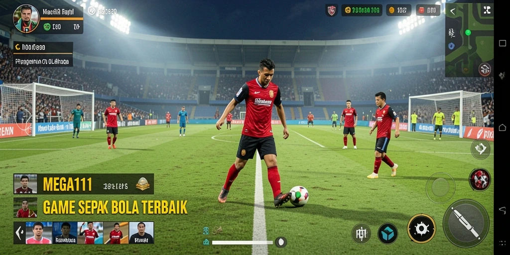 Tampilan gameplay seru dari MEGA111 yang menampilkan pertandingan sepak bola.
